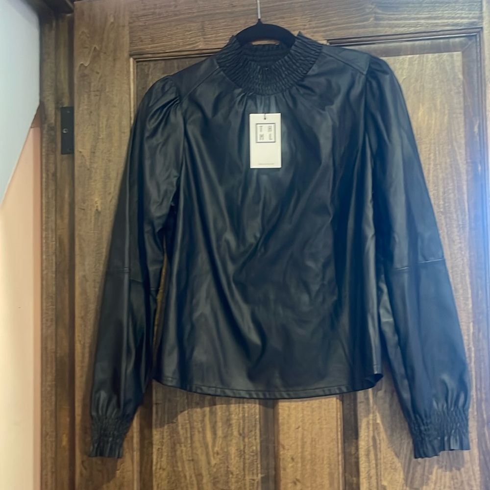 THML Paris smocked neck faux leather top. NWT SZ M